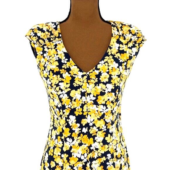London Times Blue & Yellow Floral Midi Dress with Shoulder Pads – Size 4 - Picture 2 of 8